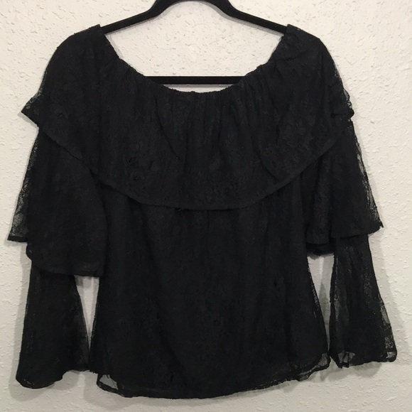 Lucky Brand Black Lace Bell Sleeve Off the Shoulder Blouse Witchy Core size XS - Picture 3 of 8